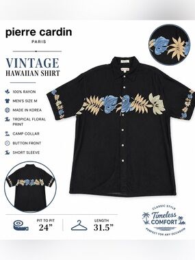 Vintage Pierre Cardin Rayon Hawaiian Shirt Black Blue Floral Camp Mens M
